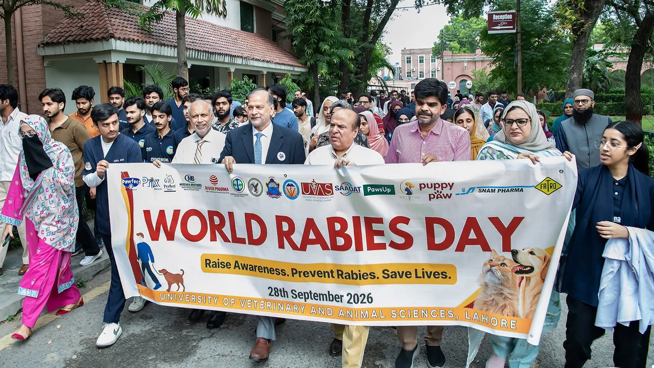 Participants holding a World Rabies Day banner during an awareness walk at UVAS Lahore